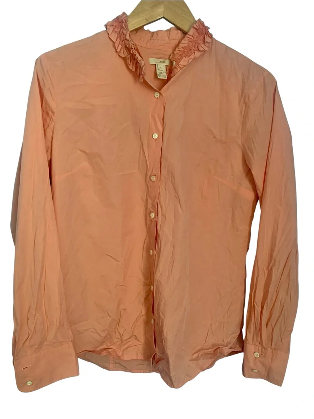 J. Crew Peach Coral Ruffle Collar 100% Cotton Long Sleeve Button Up Shirt M